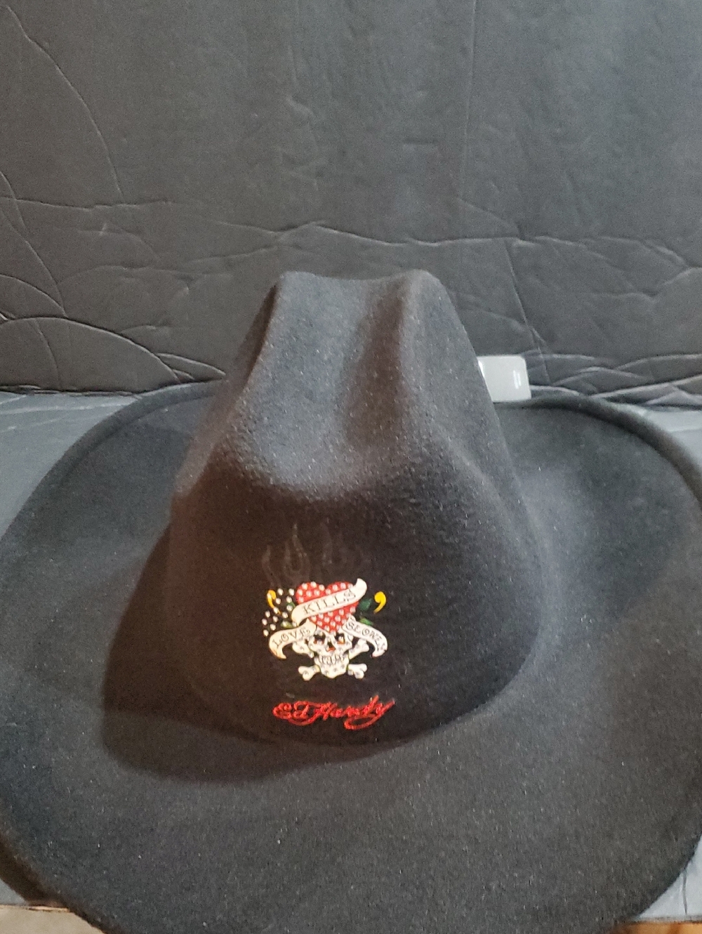 Ed Hardy love kills slowly inscripted crystal studded black felt western hat new